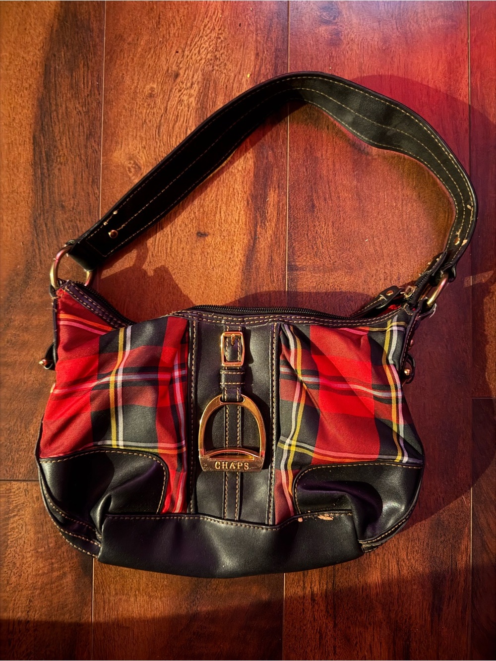 Chaps Red Plaid Shoulder Bag with Black Trim and Gold Hardware